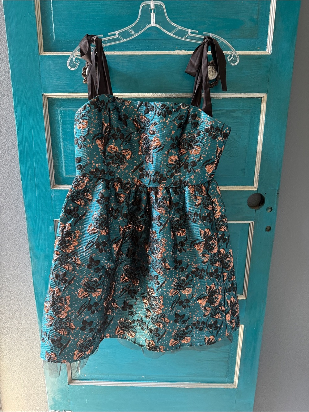 Juniors Teal Floral Party Dress with Black Ribbon Straps.  Worn once